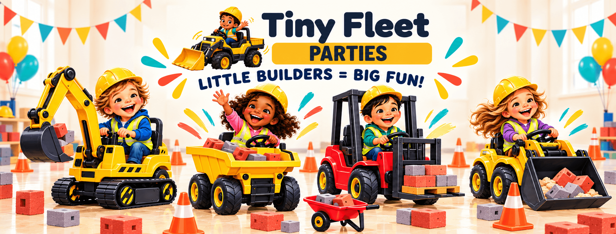 Children's birthday party banner with festive balloons, cake, and kids celebrating, shown in full on a portrait phone screen